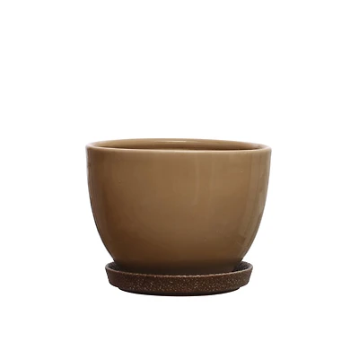 Hello Honey® 9.25" Brown Round Stoneware Planter with Saucer