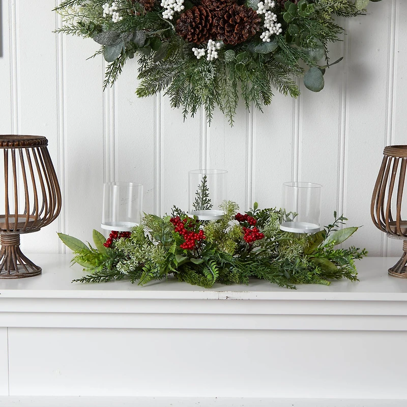 20" Winter Greenery & Berries Triple Candle Holder Christmas Table Arrangement