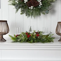 20" Winter Greenery & Berries Triple Candle Holder Christmas Table Arrangement