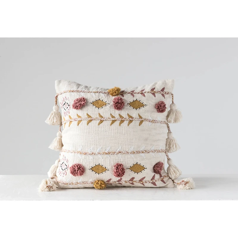 White Embroidered & Appliqued Pillow with Pom Poms & Tassels