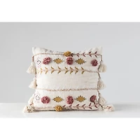 White Embroidered & Appliqued Pillow with Pom Poms & Tassels
