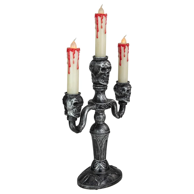 14" Antique Silver Skull Trio Halloween Candelabra Décor