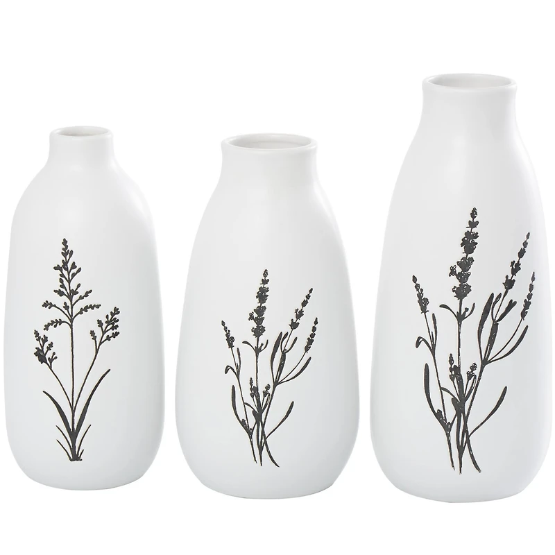 White Ceramic Vase with Black Lavender Prints Set