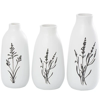 White Ceramic Vase with Black Lavender Prints Set