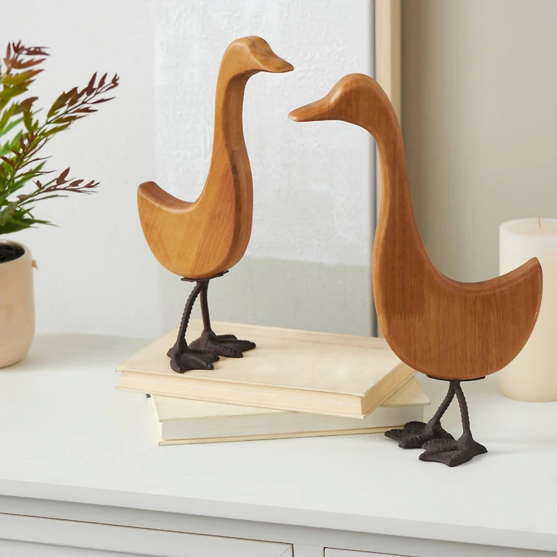 Brown Abstract Minimalistic Wood Goose Sculpture Set