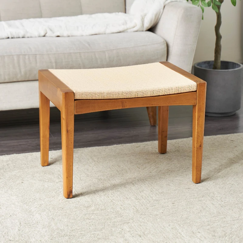 22" Brown Traditional Living Room Stool with Rope Wrapped Seat