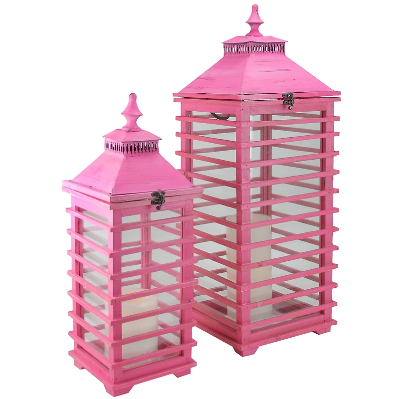 L'Eau de Fleur Distressed Pink Fir Wood Candle Lantern Set, 21" & 28"