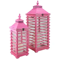 L'Eau de Fleur Distressed Pink Fir Wood Candle Lantern Set, 21" & 28"