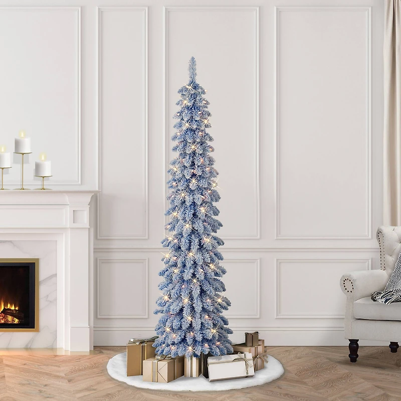 6ft. Pre-Lit Flocked Blue Artificial Alpine Pencil Christmas Tree, Clear Lights