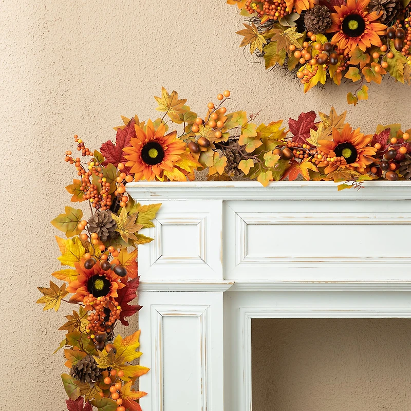 Glitzhome® 6ft. Fall Sunflower, Maple Leaf & Berry Garland