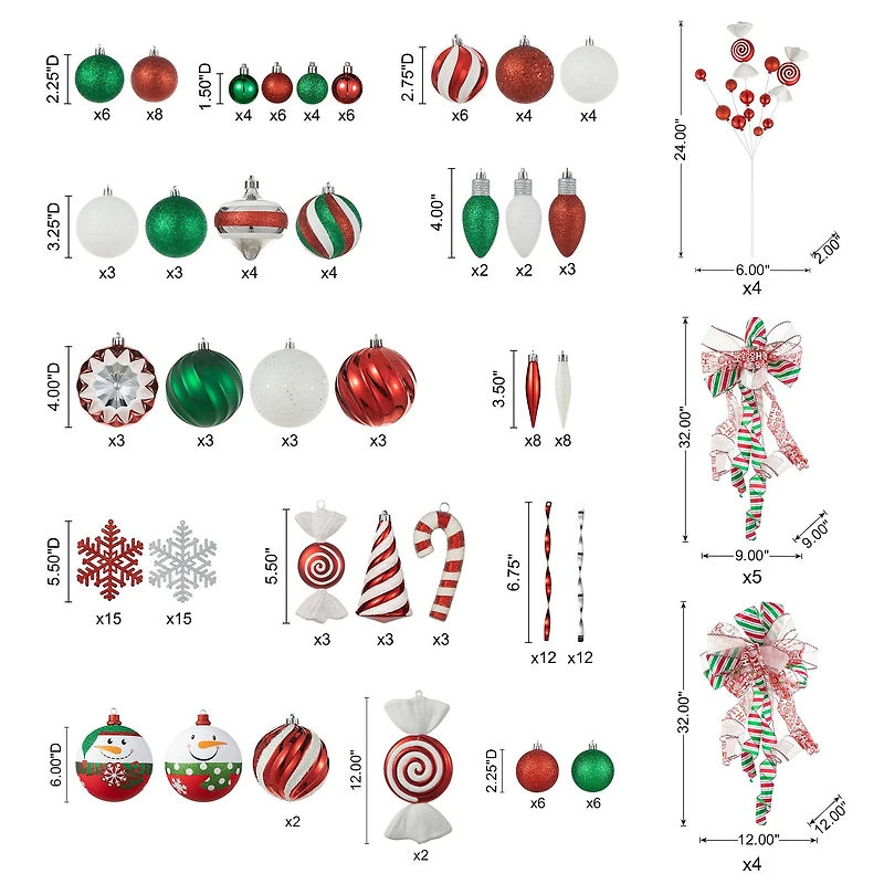 Glitzhome® Whimsical Red & Green Shatterproof Ornaments, Candy Picks & Ribbon Bow Set