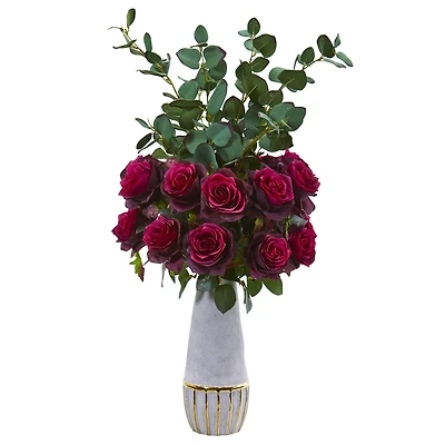 26" Rose & Eucalyptus Arrangement in Stoneware Gold Trim Vase