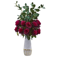 26" Rose & Eucalyptus Arrangement in Stoneware Gold Trim Vase