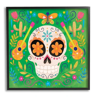 Stupell Industries Floral Day Of Dead Guitar Skull Framed Giclee Art