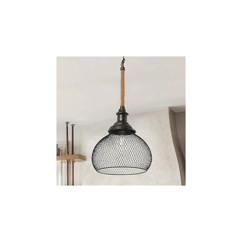 Hello Honey® Robert Stevenson Lighting Martha 26" Black Woven Metal & Natural Rope Ceiling Light