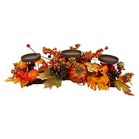 21" Orange Fall Harvest Leaves & Pumpkins Candle Holder