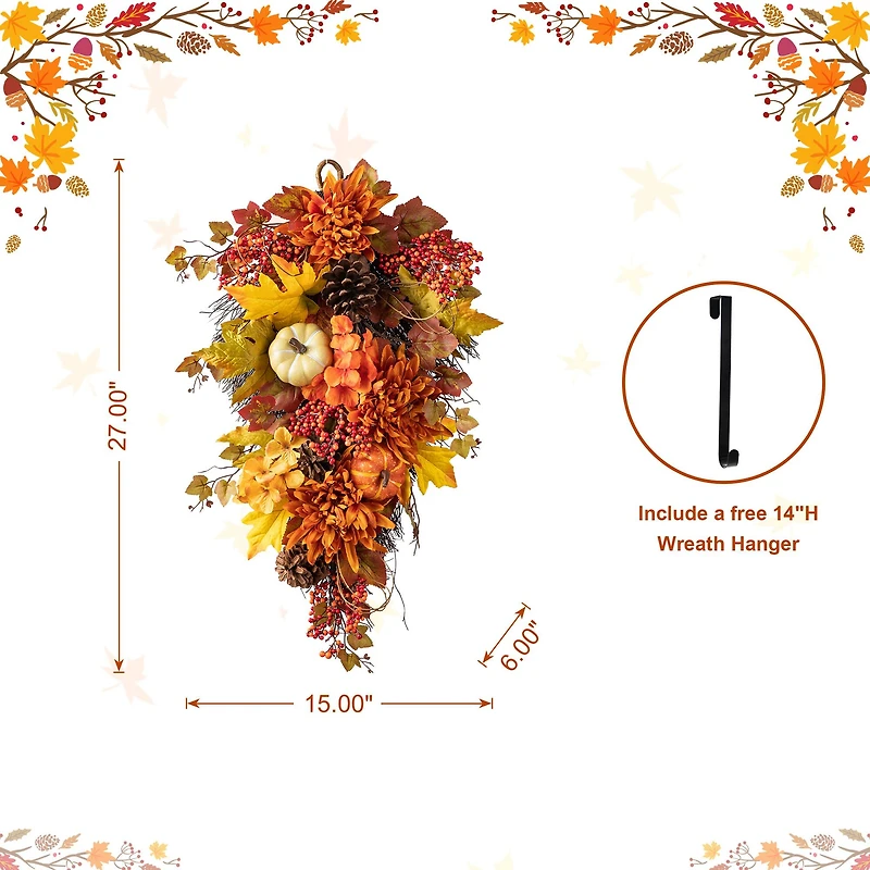 Glitzhome® 27" Fall Dahlia, Pumpkin, Leaf & Berry Swag
