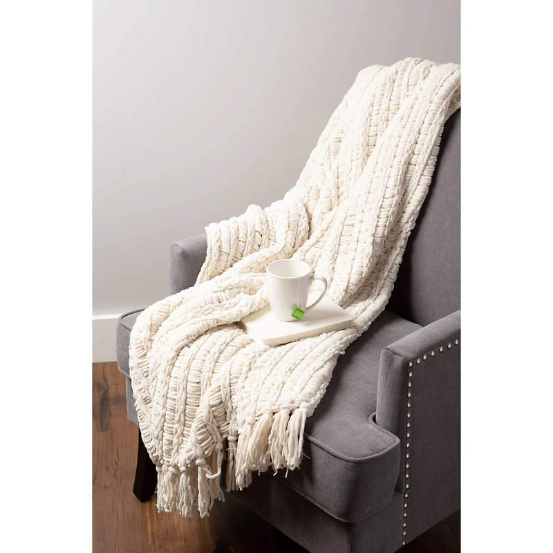 Chenille Luxury Tassel Throw Cream"
