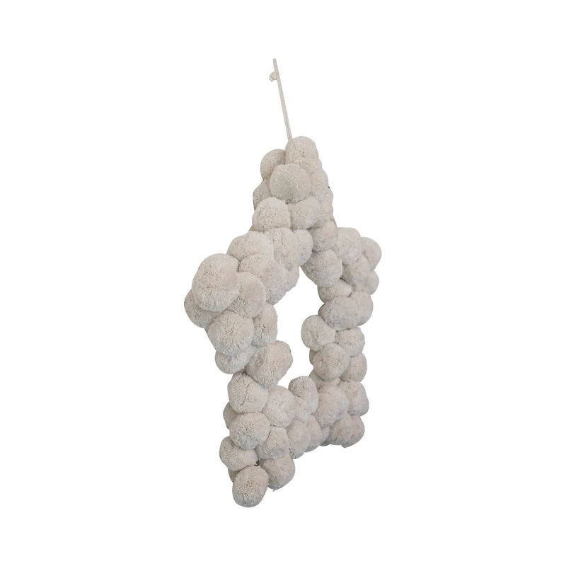 Hello Honey® 21" Natural White Handmade Metal & Wool Pom Pom Star Shaped Wreath