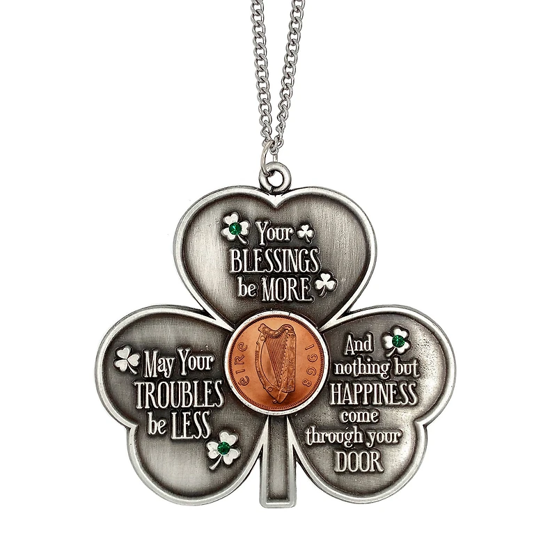 Shamrock Irish Penny House Blessing With Emerald Green Glass Stones