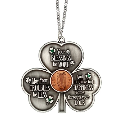 Shamrock Irish Penny House Blessing With Emerald Green Glass Stones