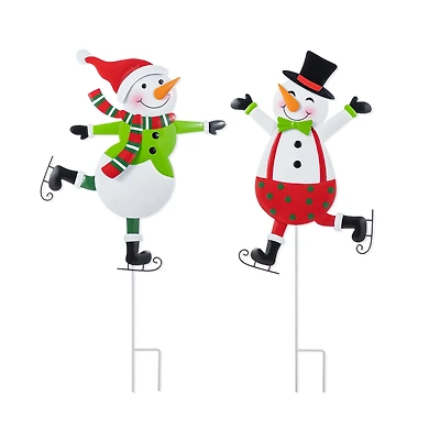 Glitzhome® 36" Metal Christmas Skiing Snowmen Yard Stake Set