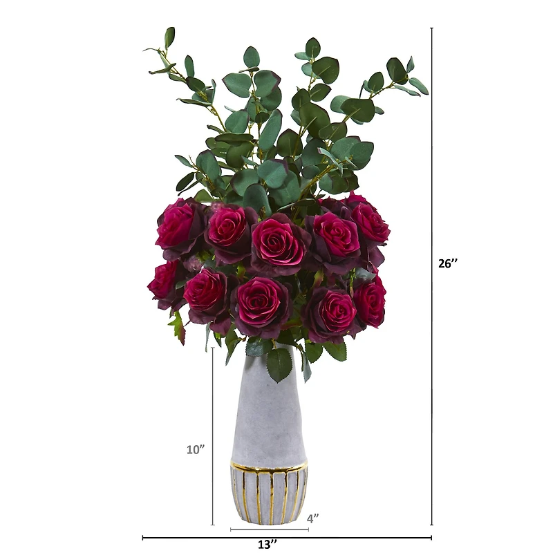 26" Rose & Eucalyptus Arrangement in Stoneware Gold Trim Vase