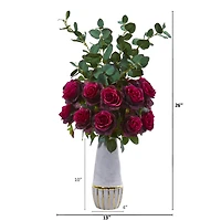 26" Rose & Eucalyptus Arrangement in Stoneware Gold Trim Vase