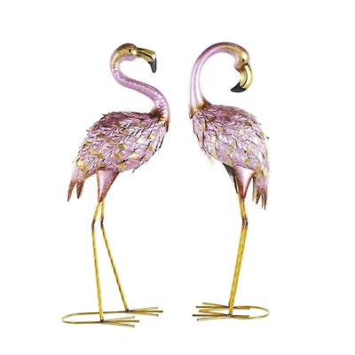 25" Pink & Gold Metal Flamingo Garden Sculpture Set with Dimensional Feathers