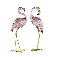 25" Pink & Gold Metal Flamingo Garden Sculpture Set with Dimensional Feathers