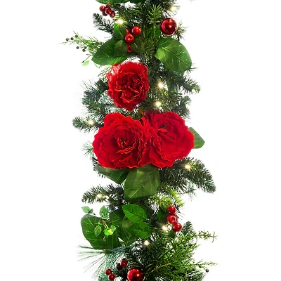 Village Lighting 9ft. Pre-Lit LED Red Peonies & Berry Garland