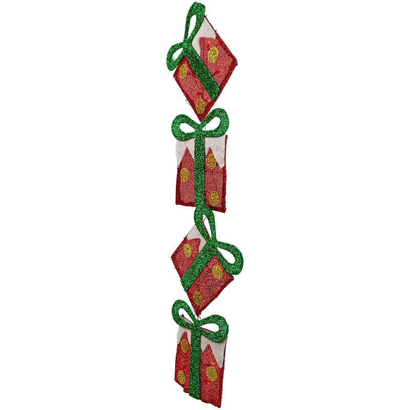 43" Lighted Red Polka Dot Tinsel Stacked Flat Gift Box Yard Art Decoration