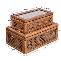 Hello Honey® Dark Brown Modern Decorative Rectangle Woven Rattan & Wood Display Box Set with Glass Top