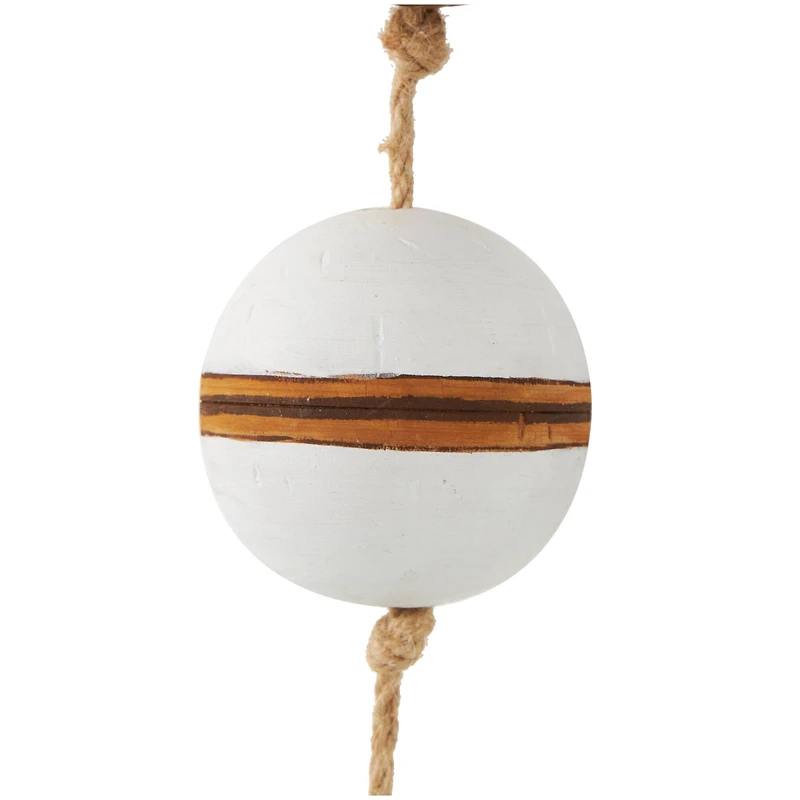 Brown Wood Buoy Two-Toned Striped Hanging Home Wall Décor with White Accents and Jute Rope