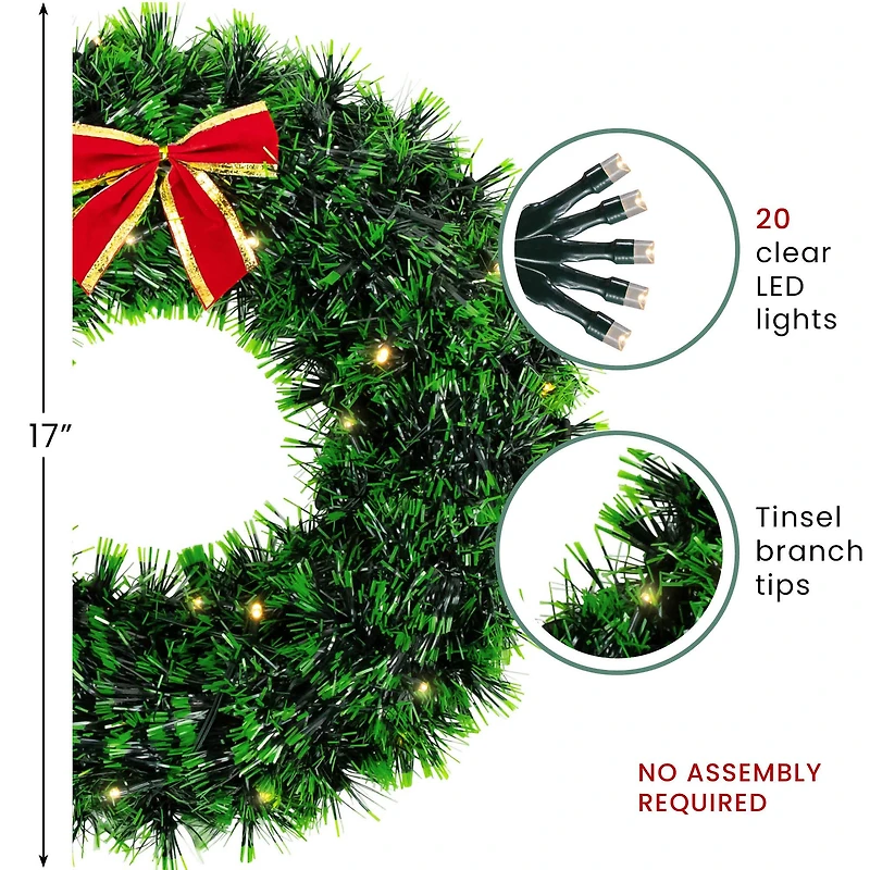 17" Pre-Lit LED Green Tinsel Artificial Wreath With Bow