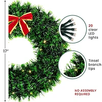 17" Pre-Lit LED Green Tinsel Artificial Wreath With Bow