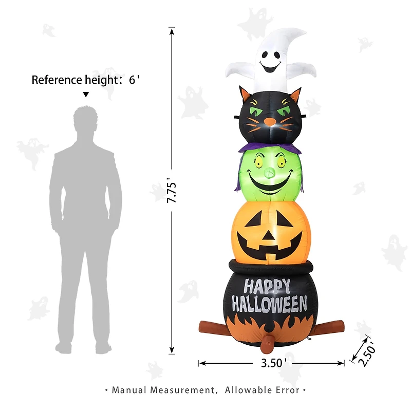 Glitzhome® 8ft. Lighted Halloween Inflatable Stacked Ghost, Black Cat, Witch & Pumpkin Décor