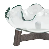 9" Clear Glass Floral Inspired Serving Bowl with Bronze Hammered Y-Shaped Stand