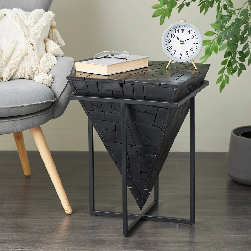 22" Black Teak Wood Geometric Handmade Inverted Pyramid Accent Table with Black Metal Base
