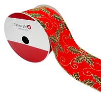 3.5" x 25ft. Red Glitter Holly Wired Ribbon by Celebrate It®