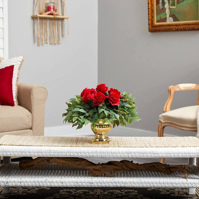 14" Red Rose Floral Arrangement in Gold Urn 