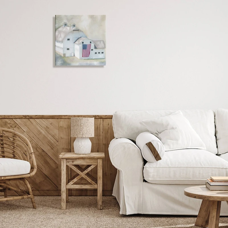 Stupell Industries American Flag White Farmhouse Barn Rural Countryside Canvas Wall Art