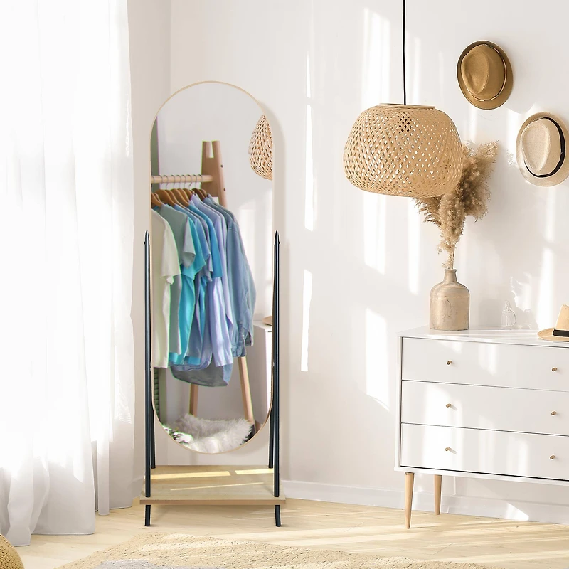 Metal & Wood Oval Cheval Swivel Floor Mirror with Shelf - 22" x 67"