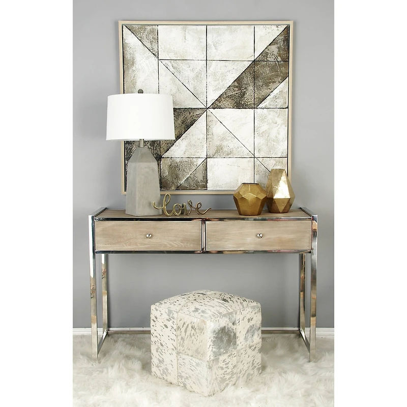 17" White & Silver Leather & Wood Glam Ottoman