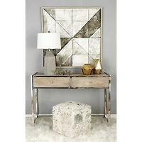 17" White & Silver Leather & Wood Glam Ottoman