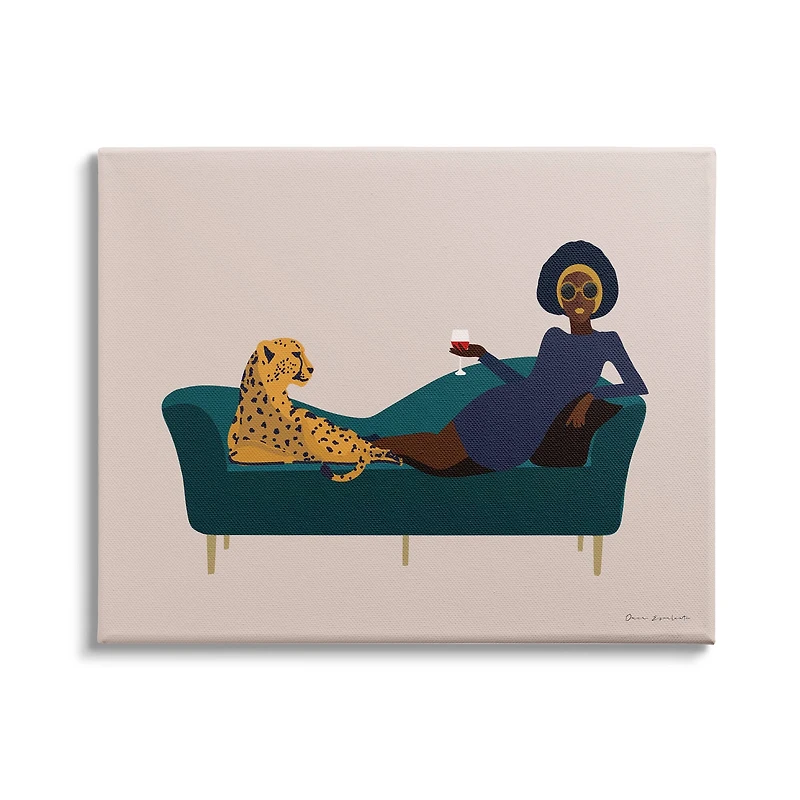 Stupell Industries Modern Fashion Female Wine Glass Cheetah Animal Couch Canvas Wall Art