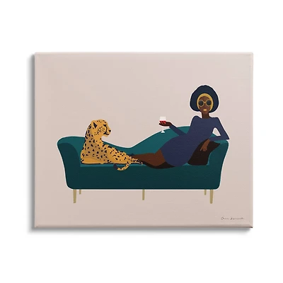 Stupell Industries Modern Fashion Female Wine Glass Cheetah Animal Couch Canvas Wall Art