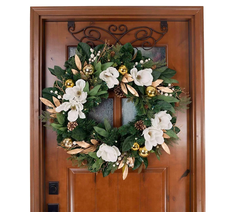 30" Pre-Lit White & Gold Magnolia Christmas Wreath