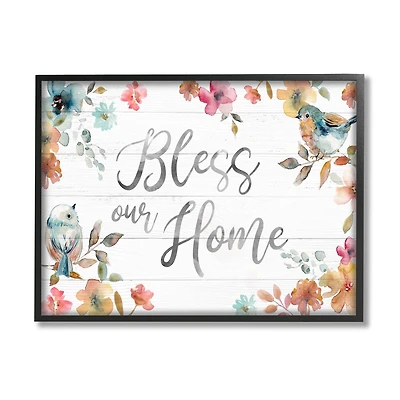 Stupell Industries Bless Our Home Greeting Watercolor Birds Blooming Flowers Framed Wall Art