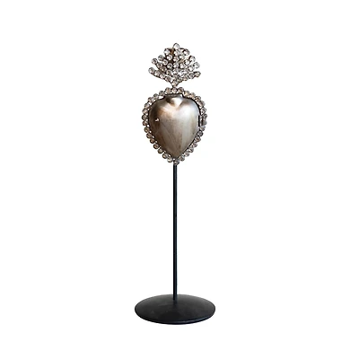 Hello Honey® 13" Black & Antique Silver Finish Tall Metal Sacred Heart Taper Candleholder with Jewels